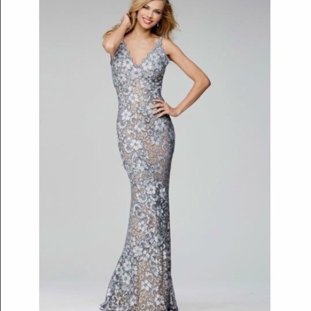 Jovani Silver Floral Prom Dress